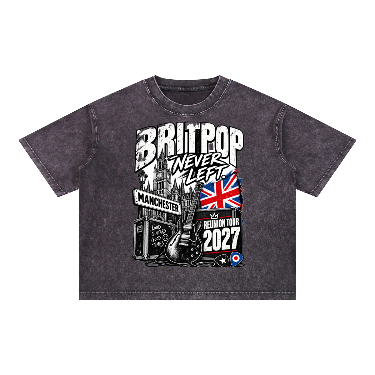 90s,Britpop Manchester Shirt – Retro Music Style Mineral Wash Boxy Cotton T-Shirt
